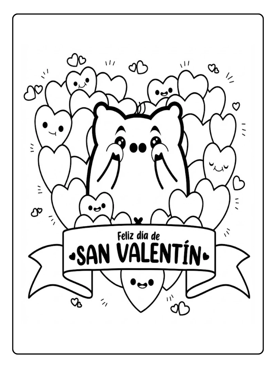 Un cerdito adorable rodeado de muchos corazones rosas para colorear