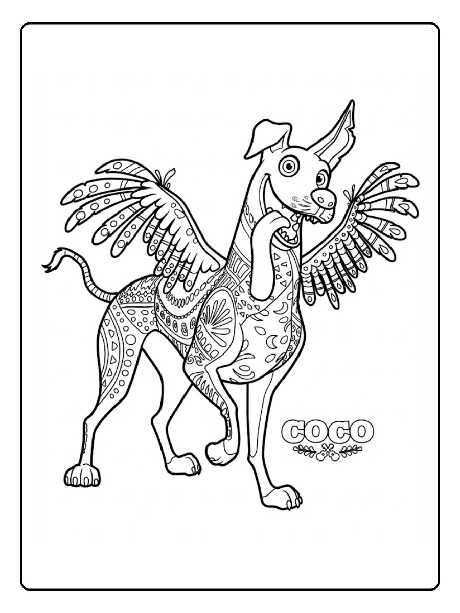 Un dibujo para colorear del alebrije Dante de pie con la lengua fuera