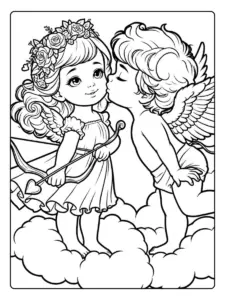 Un dulce beso de cupido en las nubes Para Colorear