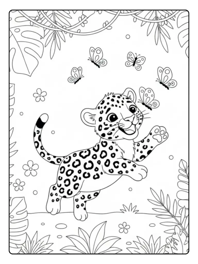 Un jaguar bebé persiguiendo mariposas