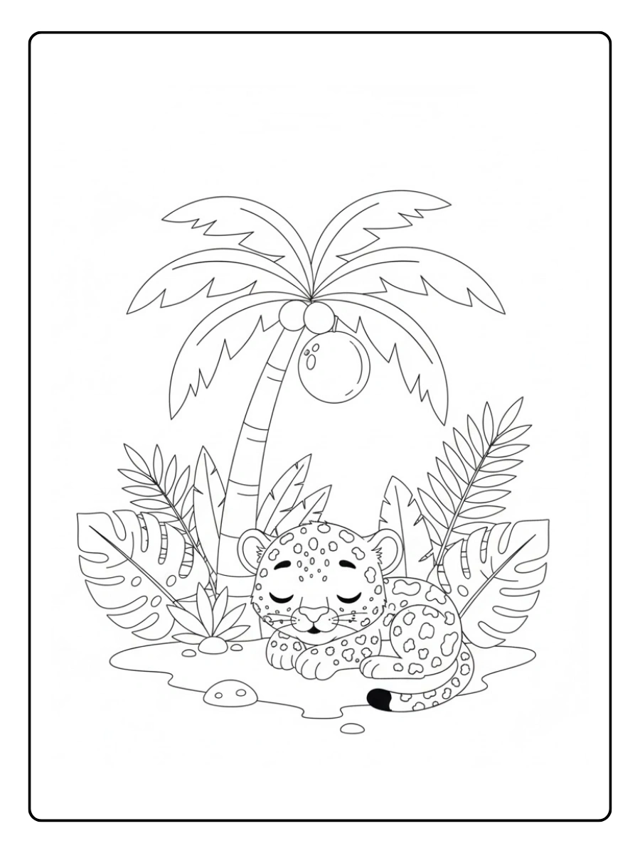 Un jaguar descansando bajo una palmera