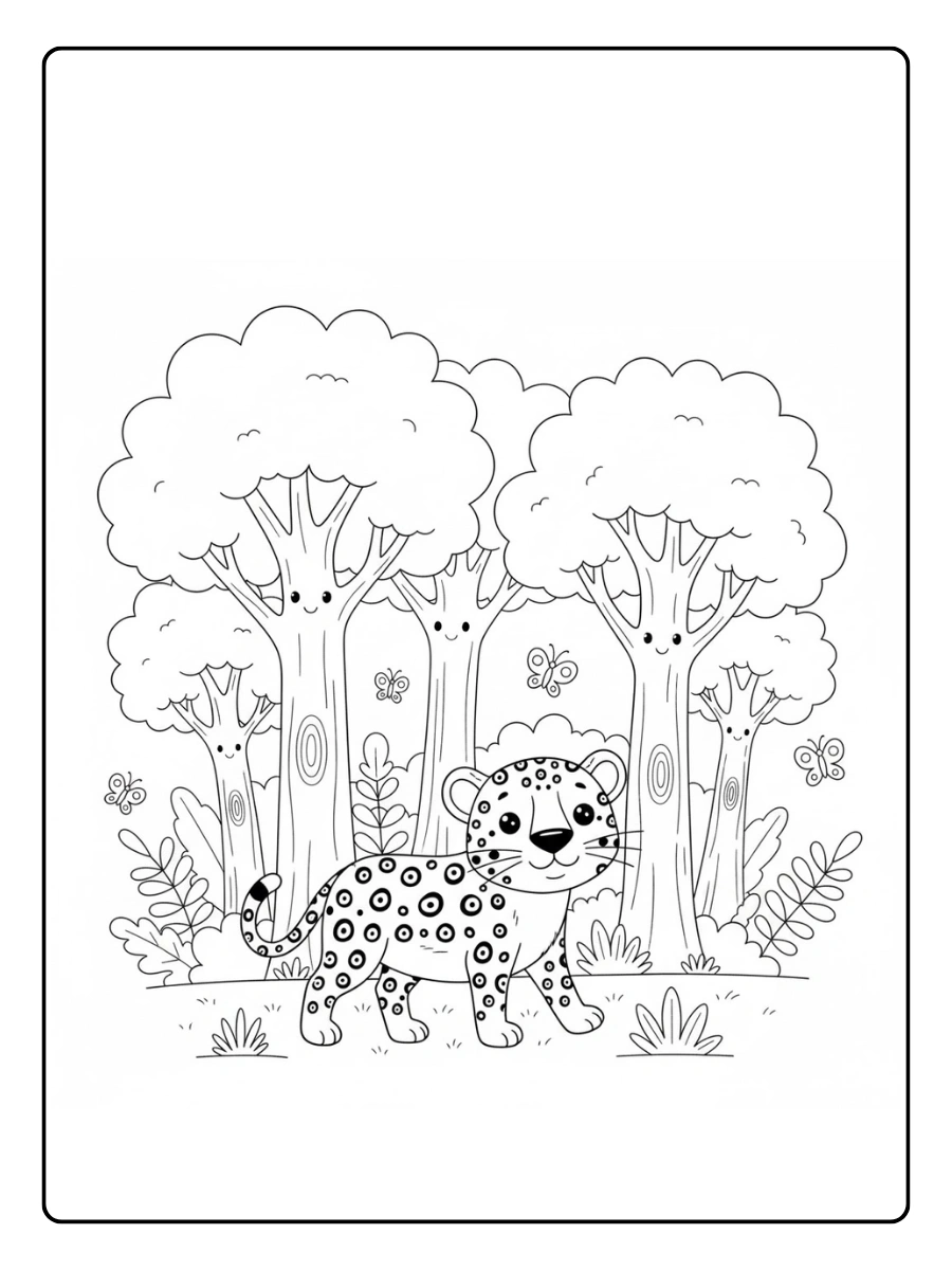 Un jaguar sonriente caminando entre árboles grandes