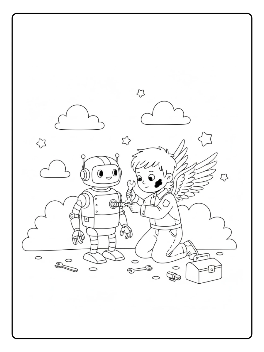 Un mecánico arreglando un robot amigo que perdió un tornillo