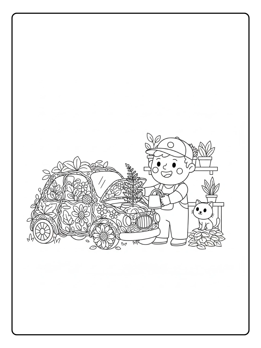 Un mecánico construyendo un coche ecológico con plantas