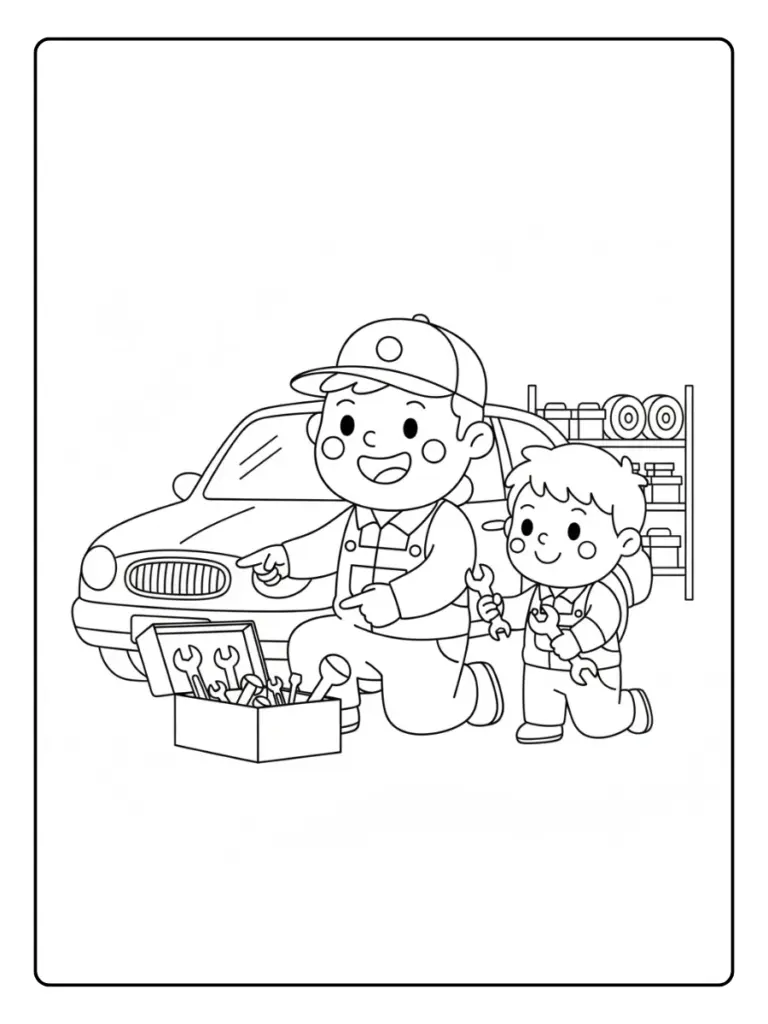 Un mecánico feliz enseñando a un niño cómo usar herramientas para colorear
