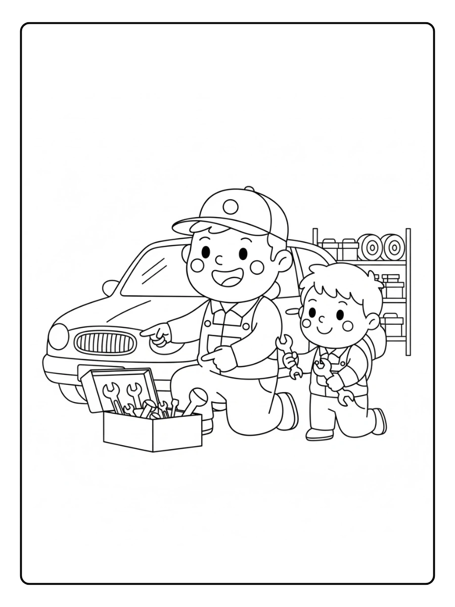 Un mecánico feliz enseñando a un niño cómo usar herramientas para colorear