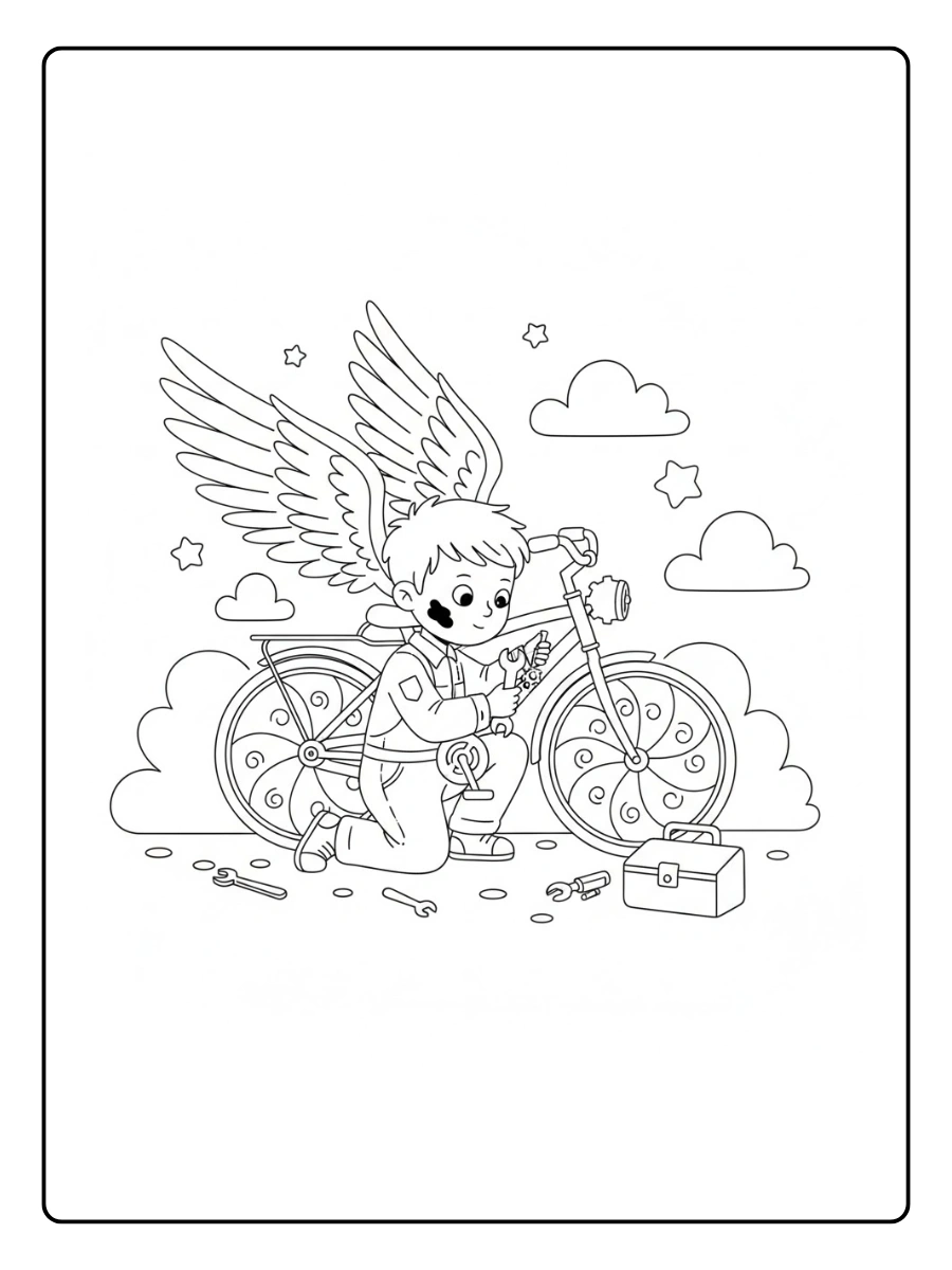 Un mecánico niño arreglando una bicicleta mágica que tiene alas.saludando en el espacio