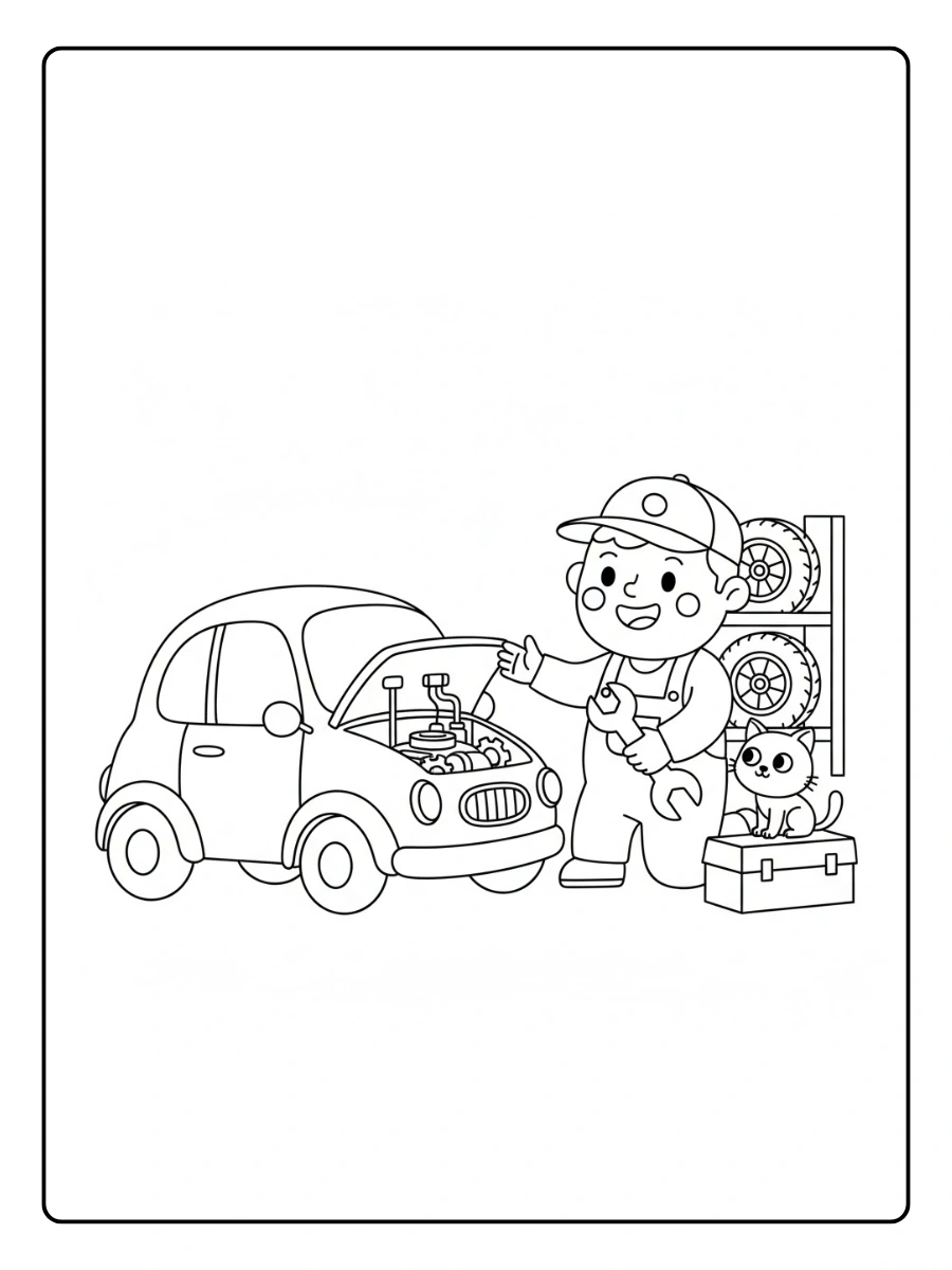 Un mecánico sonriente reparando un coche pequeño mientras un gatito lo observa.saludando en el espacio