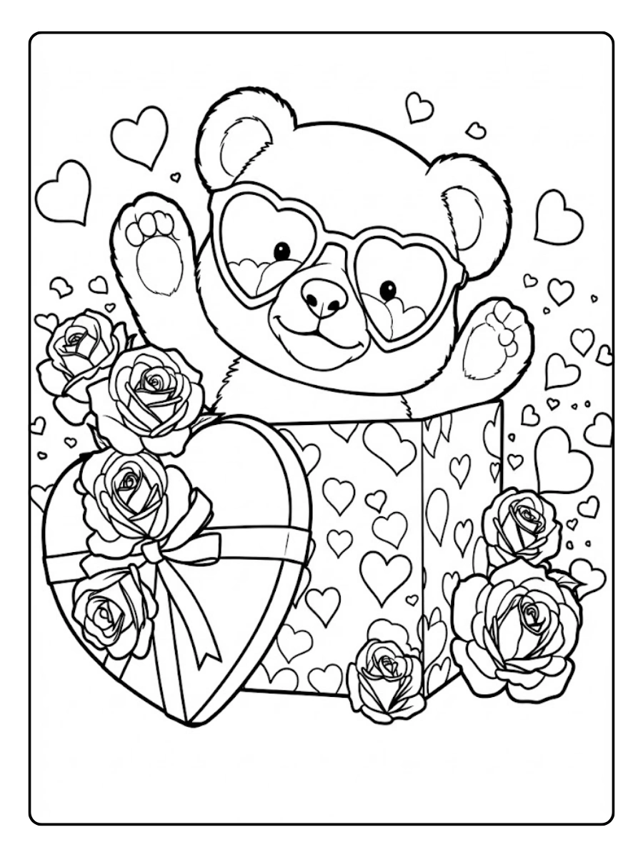 Un osito de Valentín en una caja de regalo para Colorear