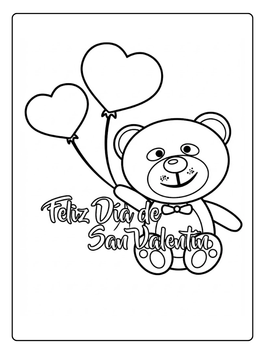 Un osito de peluche con globos rojos de corazón para colorear