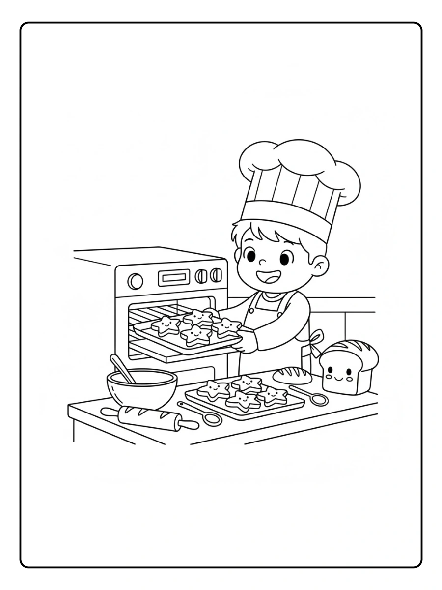 Un panadero niño horneando pan con forma de estrella