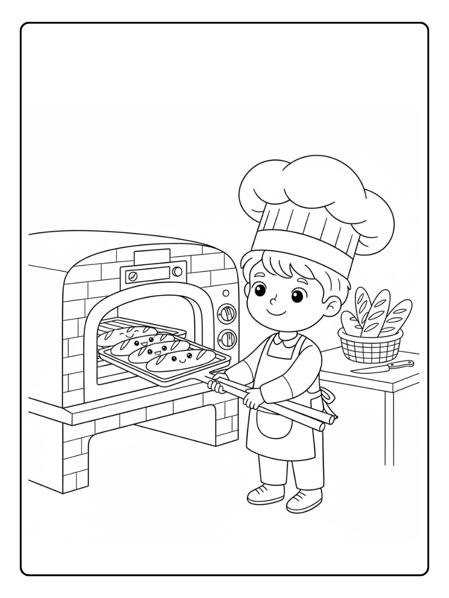 Un panadero sacando baguettes largas del horno