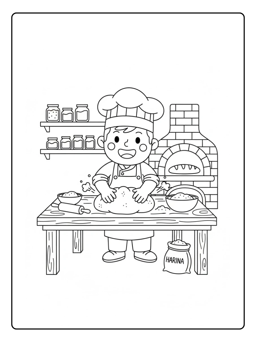 Un panadero sonriente amasando masa con mucha energía