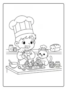 Un panadero y su gato ayudante decorando cupcakes para colorear