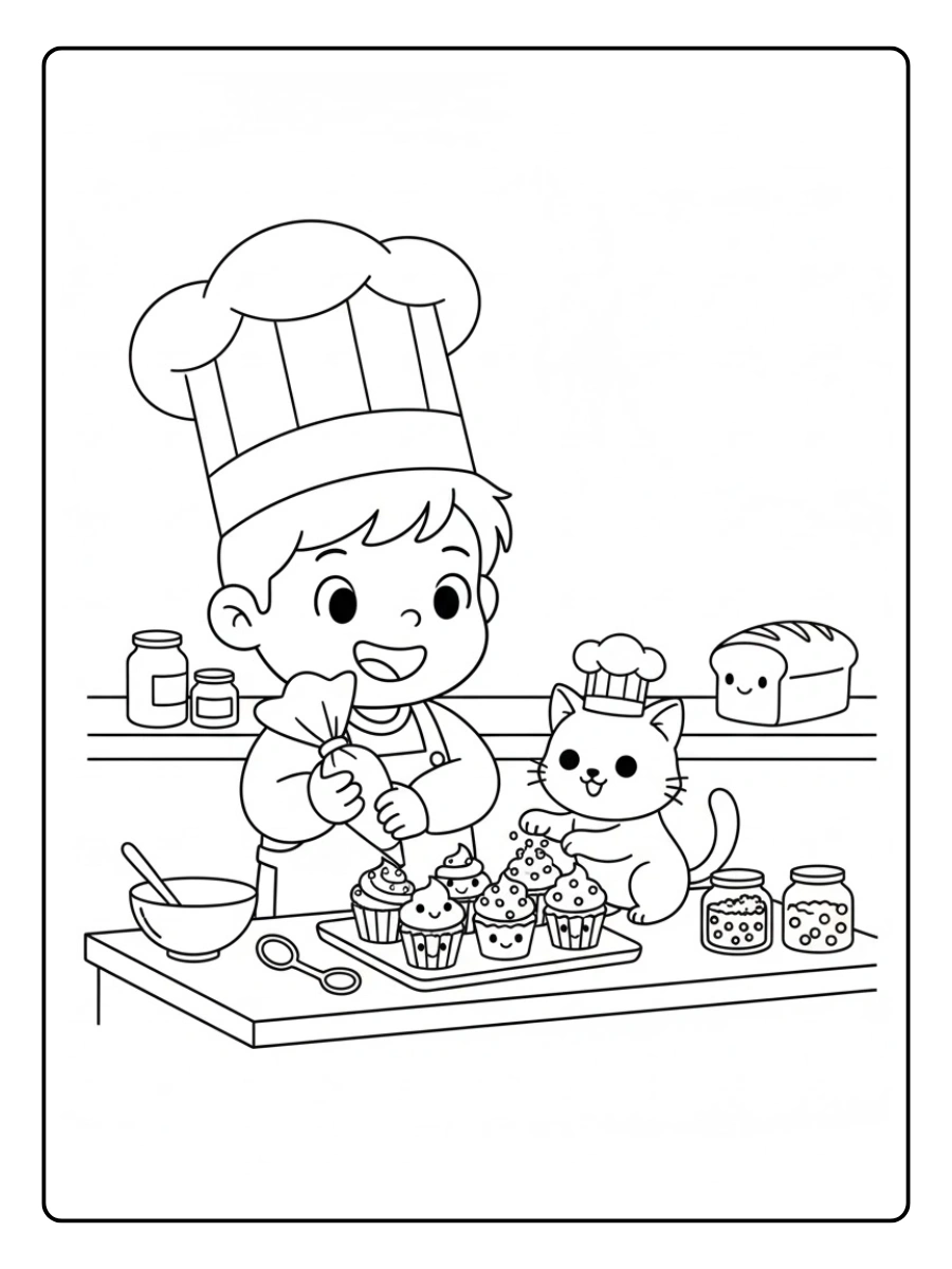 Un panadero y su gato ayudante decorando cupcakes para colorear