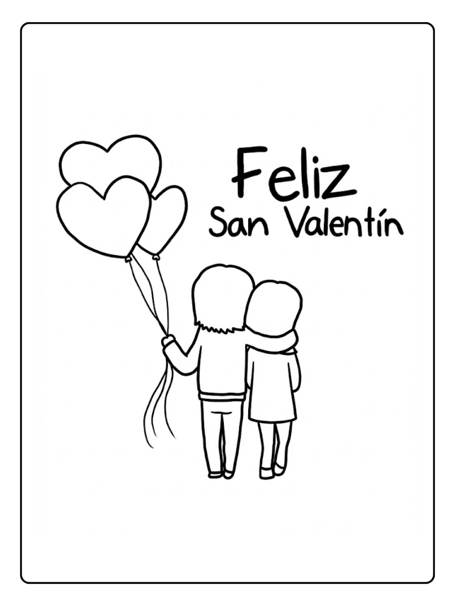 Una pareja abrazada con globos de corazones para colorear