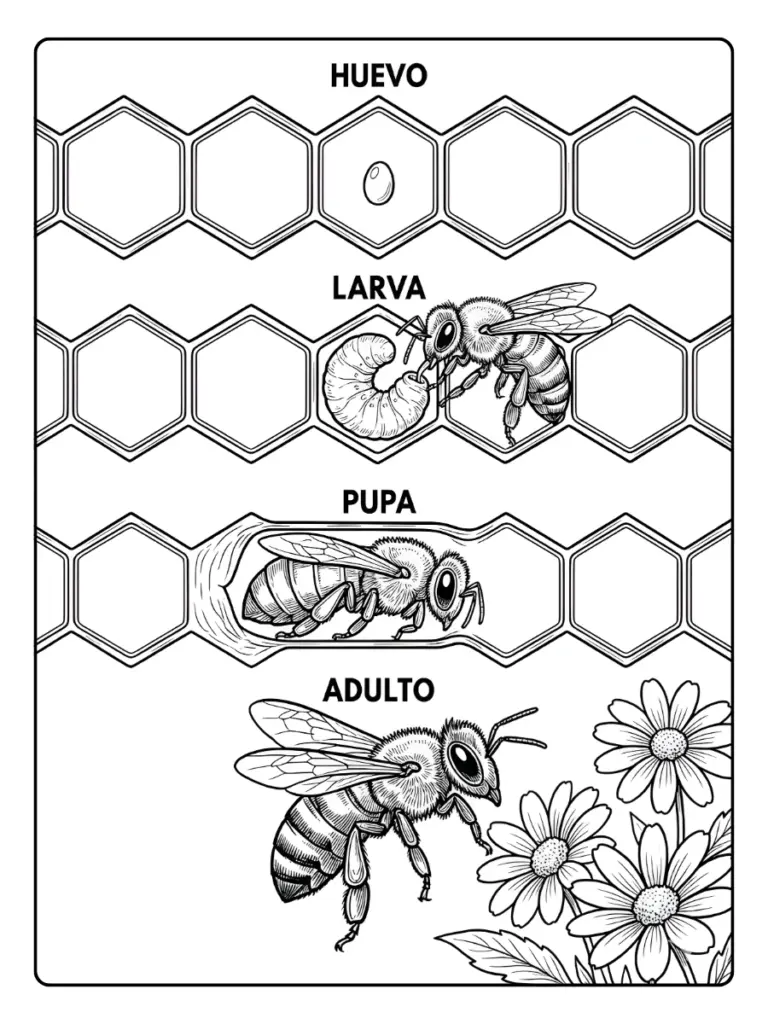 ciclo de vida de la abeja para colorear Huevo Larva Pupa Adulto
