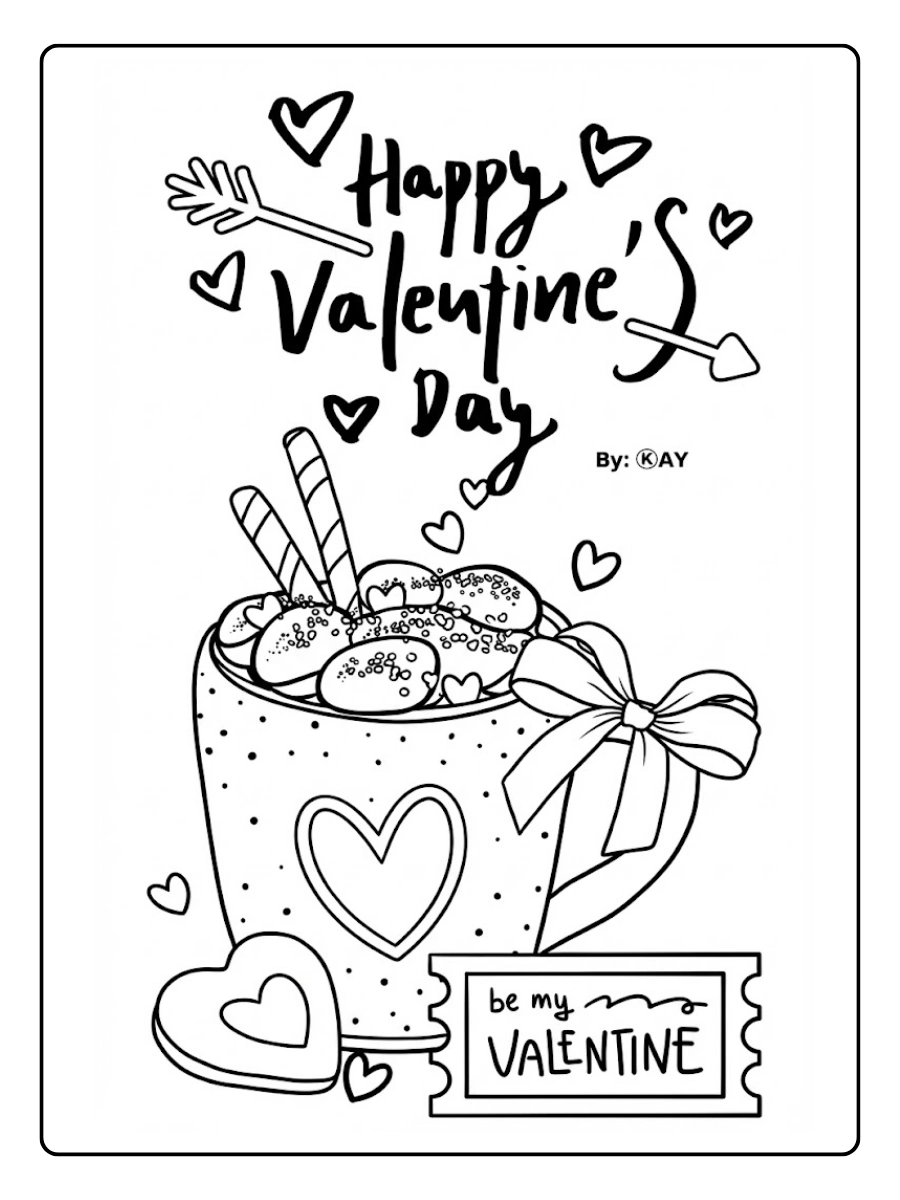dibujos para colorear de la taza con golosinas y un boleto de San Valentín