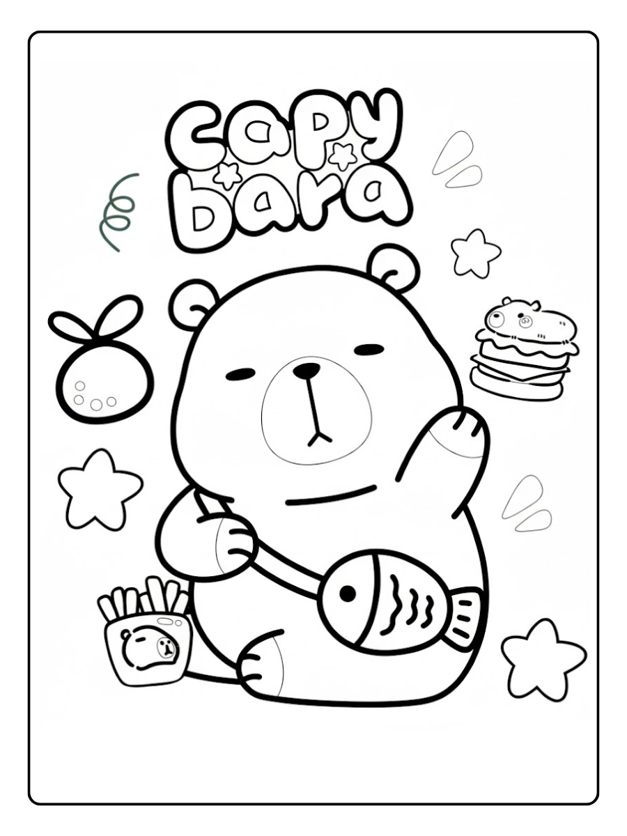 Dibujos de Capibara saludando con su bolso de pez para Colorear