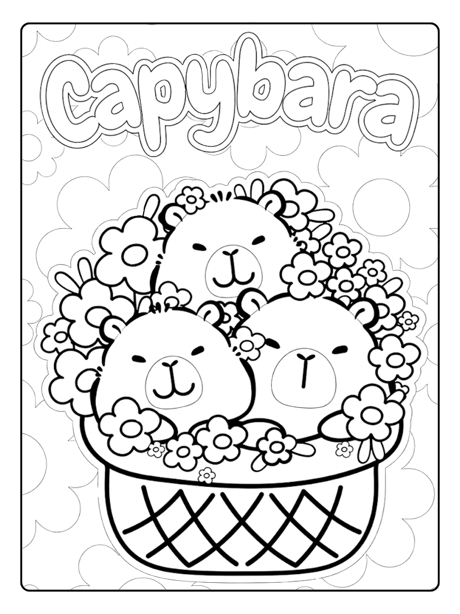 Dibujos de Capibaras en una cesta de flores para Colorear