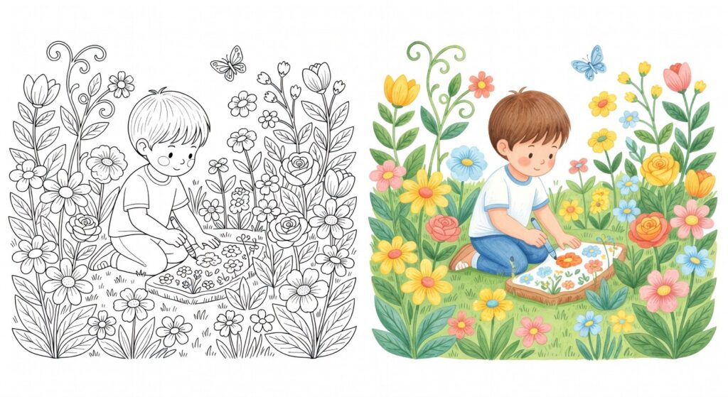 Niño coloreando un jardín con colores armónicos en GenColorear