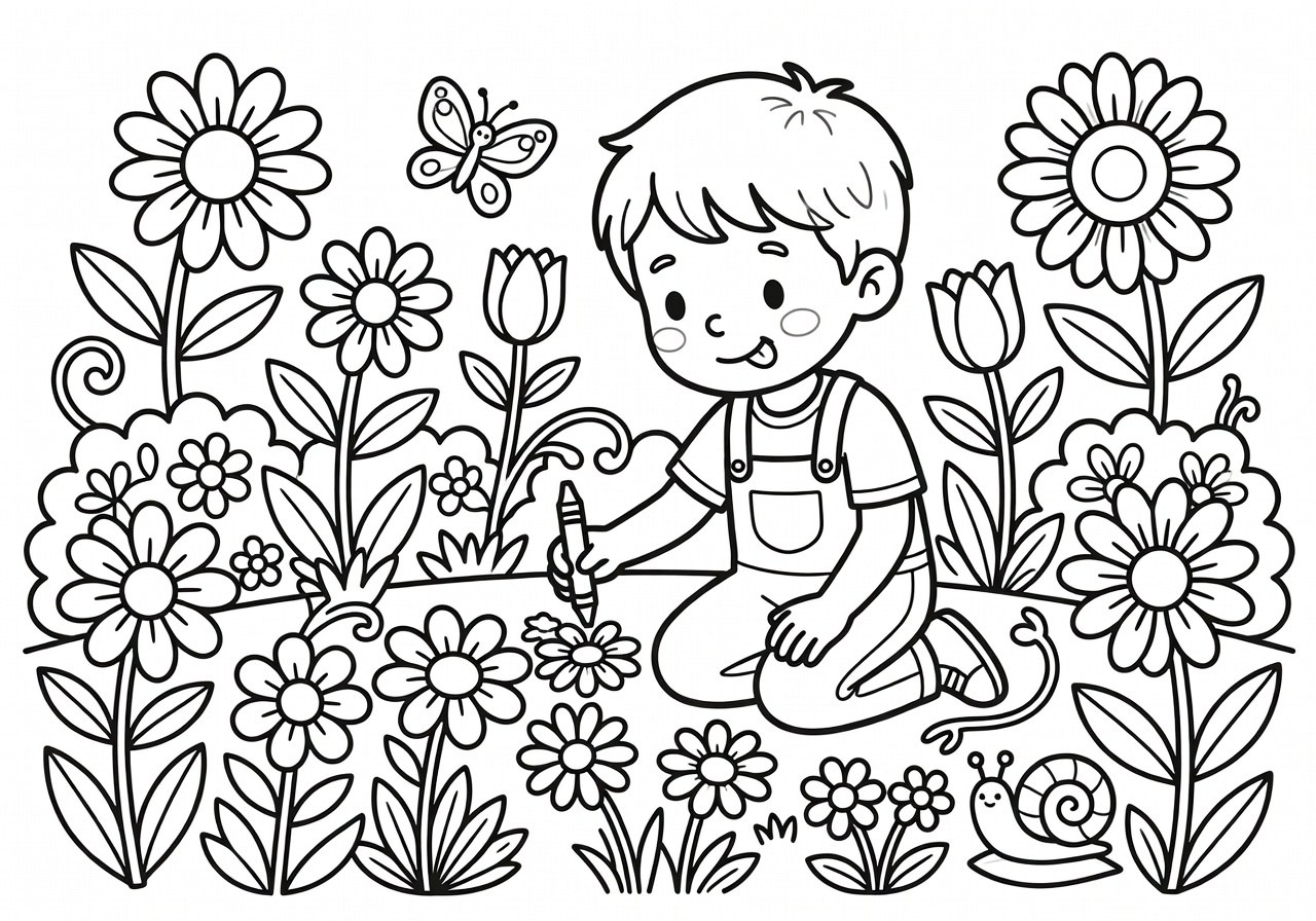 Dibujo en blanco y negro de un jardín para colorear en GenColorear