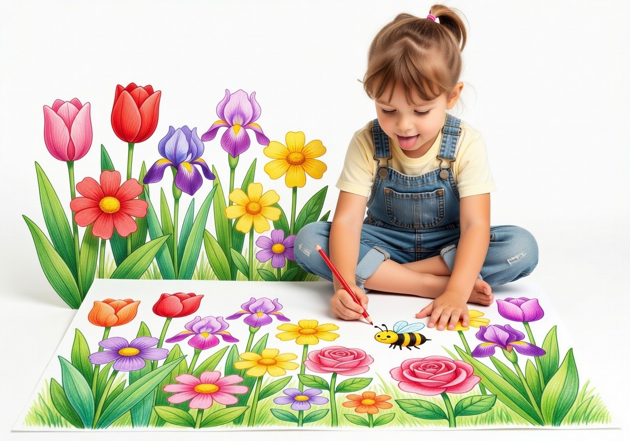 Jardín coloreado con tonos complementarios vibrantes en GenColorear