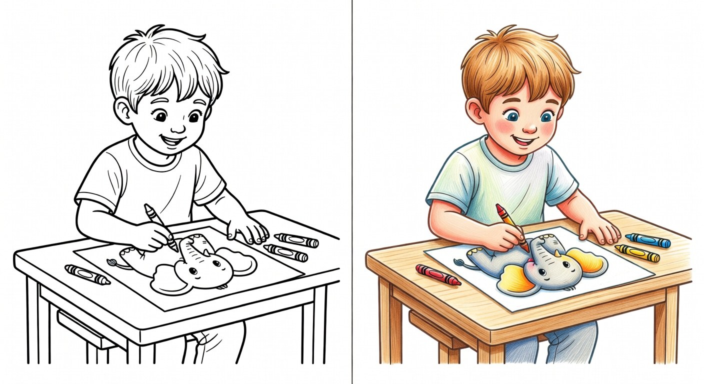 Niño coloreando un dibujo impreso con líneas nítidas