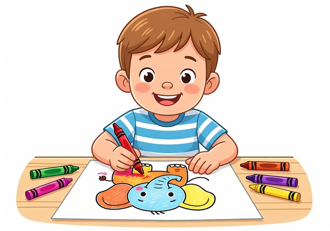 Dibujo coloreado de un animal con colores vibrantes sobre papel impreso