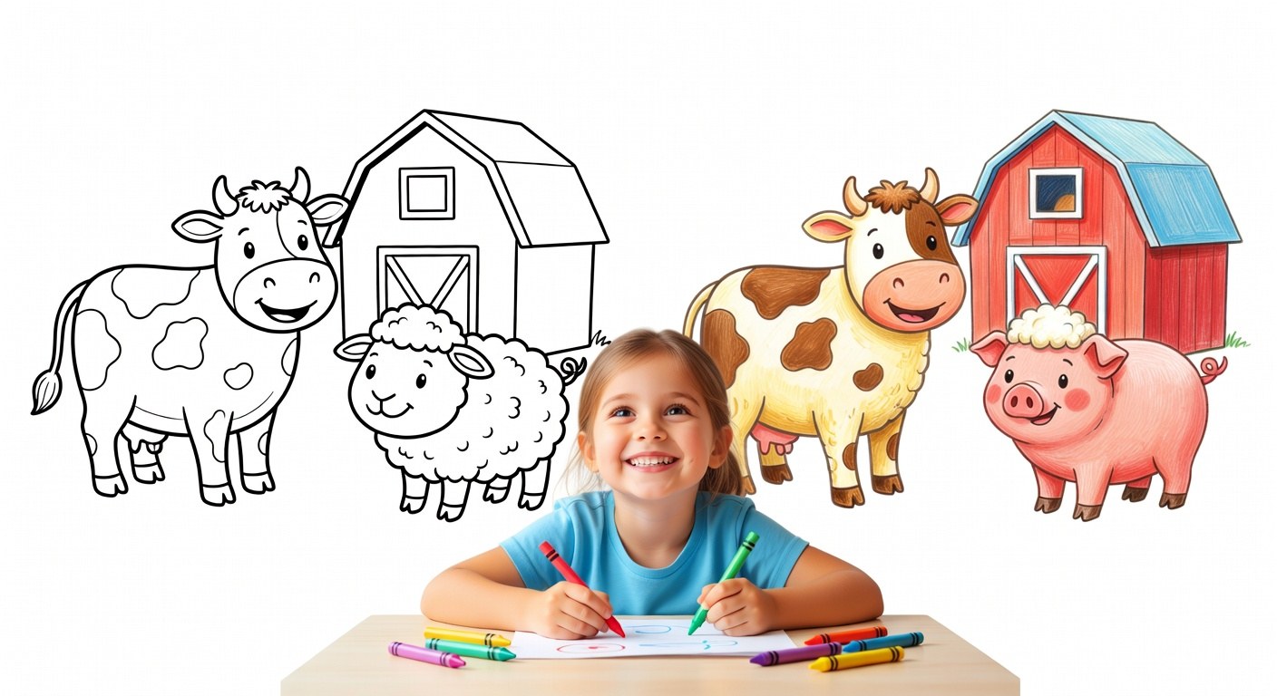 Niño coloreando página de animal de granja con crayones de colores