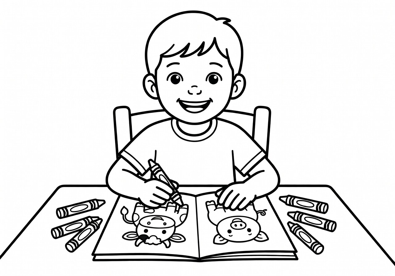 Dibujo lineal de un niño coloreando un animal de granja