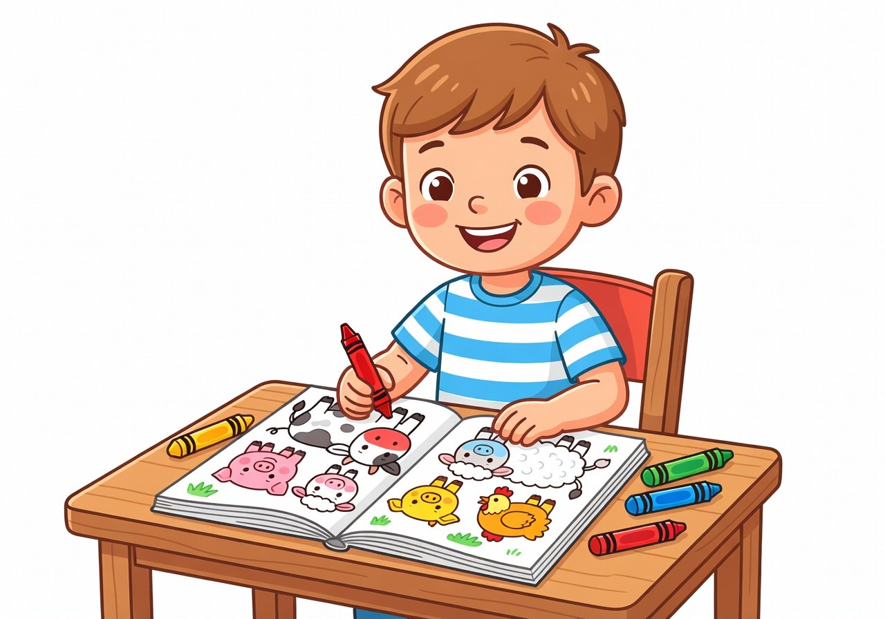 Página coloreada de un animal de granja por un niño