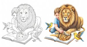 Niño coloreando un león con pelo realista y plumas de ave