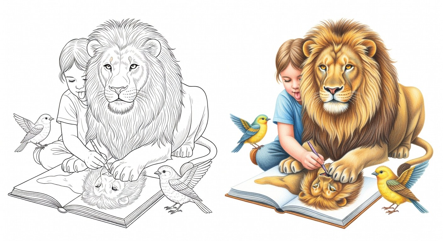 Niño coloreando un león con pelo realista y plumas de ave