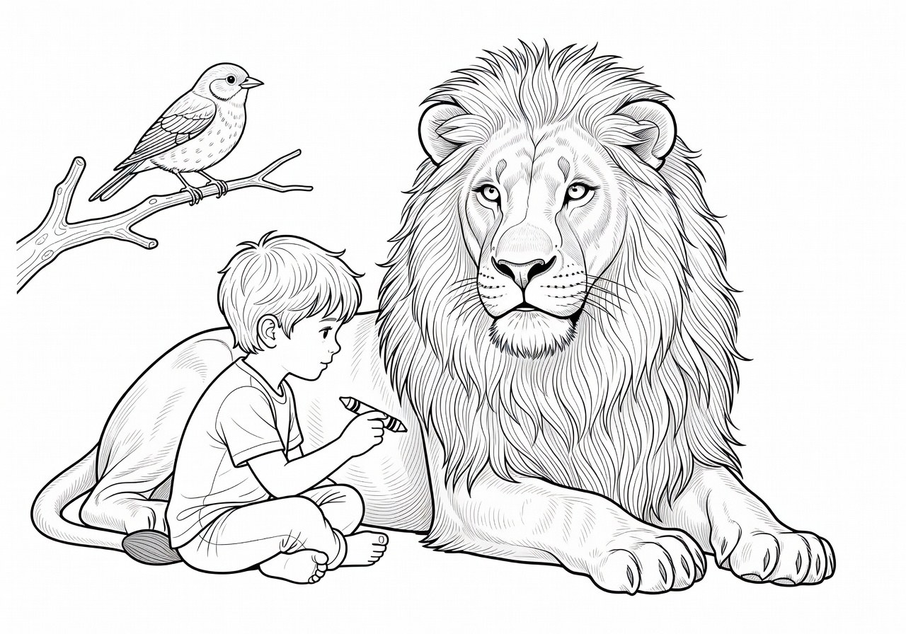 Dibujo en blanco y negro de animales con detalles de pelo y plumas para colorear