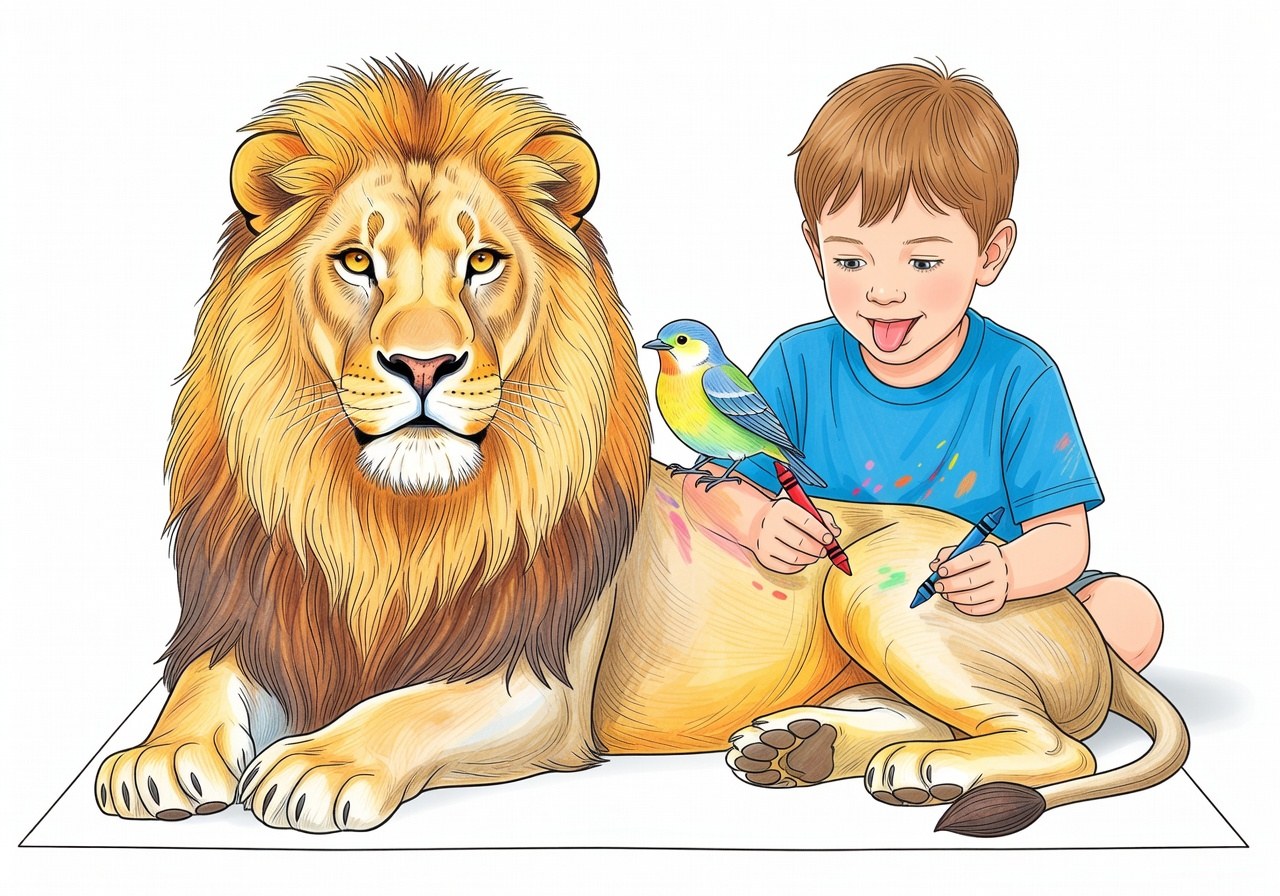 Ejemplo coloreado de animales mostrando realismo en pelo y plumas