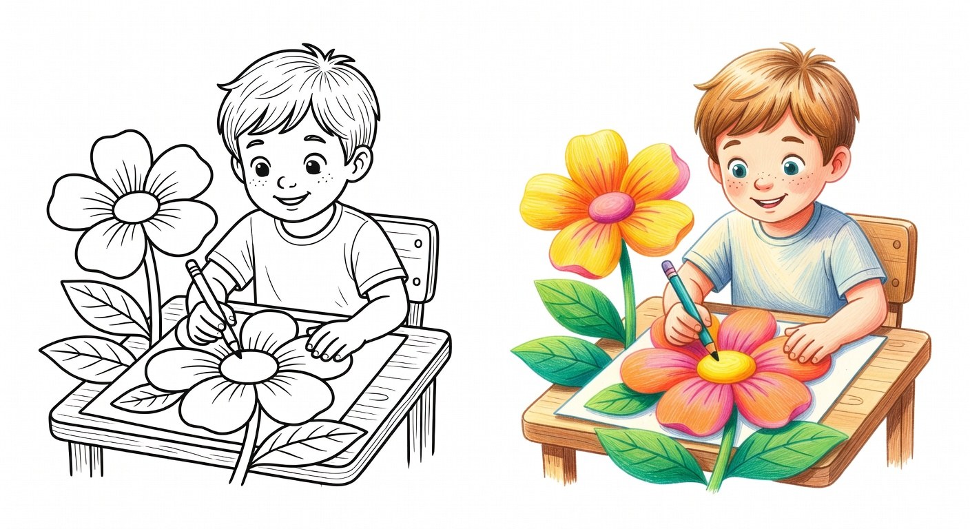 Niño aplicando técnicas de sombreado en un dibujo para colorear